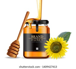 Honey sunflower Vector realistic mock up. Product placement label design. Detailed 3d illustration