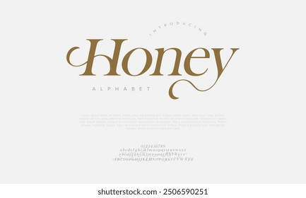 Honey swash luxury elegant alphabet letters and numbers. Vintage wedding typography classic serif font decorative vintage retro. creative vector illustration