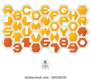 Honey sweet background of hexagons with letters and working bee.