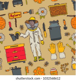 Honey sweet beeceeper vector apiary farm beekeeping icons set honeymaker bee insect beeswax illustration seamless pattern background