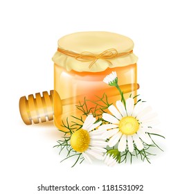 Honey sweet. Jars of honey shop or bakery. Vector design of honey syrup for desserts or cafeteria and patisserie cakes and cookies. Spoon for honey. Chamomile.