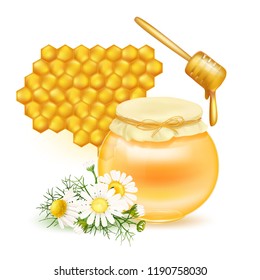 Honey sweet. Jars of honey shop or bakery. Vector design of honey syrup for desserts or cafeteria and patisserie cakes and cookies. Honeycomb. Spoon for honey. Chamomile