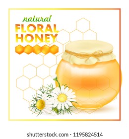 Honey sweet. Jars of honey shop or bakery. Vector design of honey syrup for desserts or cafeteria and patisserie cakes and cookies. Honeycomb. Spoon for honey. Chamomile