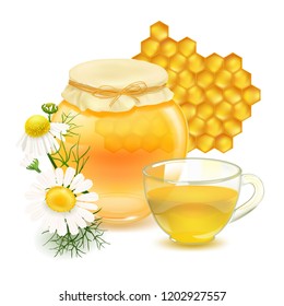 Honey sweet. Jars of honey shop or bakery. Vector design of honey syrup for desserts or cafeteria and patisserie cakes and cookies. Honeycomb. Spoon for honey. Chamomile