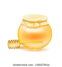 Honey sweet.  poster for beekeeping honey. Jars of honey shop or bakery. Vector design syrup for desserts or cafeteria and patisserie cakes and cookies. Spoon for honey