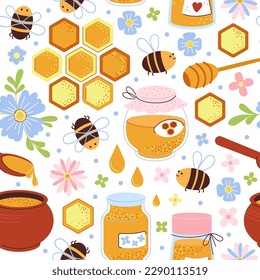 Honey sweet seamless pattern. Bee on meadow, beekeeping. Natural dessert in spoon, flying insects. Harvest elements, honeycomb decent vector print