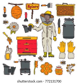 Honey sweet vector apiary farm beekeeping icons set honeymaker bee insect beeswax illustration isolated on white background