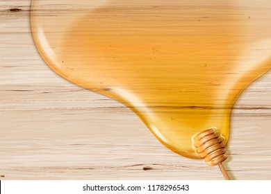 Honey syrup and dipper on wooden grain table in 3d illustration, flat lay background with copy space