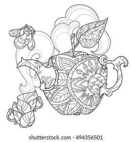 Honey tea pot apple doodle with cups .Hand drawn vector illustration. Sketch for tattoo adult relax coloring anti stress book. Zen art collection boho style.