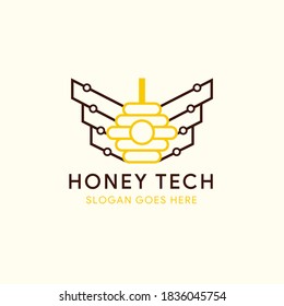 honey technology logo template use brown and yellow colors. Combination of bee hive and wing.