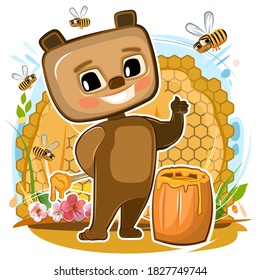 Honey. Teddy bear in a cartoon style on the background of honeycombs, flowers, bees and barrels. Young cheerful cute beekeeper. Funny childish illustration for print. Isolated object on white. Vector