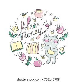 honey teddy bear vector set collection with flowers, honey and bees