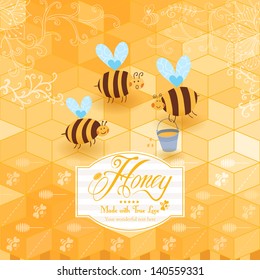 Honey template background. Vintage frame with Honey, bee, honey spoon, set template with label and yellow geometric pattern of honeycomb. Honeycomb, frame label and the funny bees.