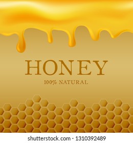 Honey template with yellow hexagonal realistic honeycomb seamless texture and flowing honey on yellow background.