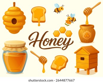 Honey themed set with bees hive jar toast dipper and honeycomb