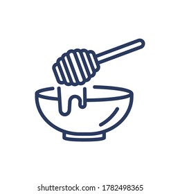 Honey thin line icon. Bowl, dipper, wax isolated outline sign. Organic food, wellness, massage concept. Vector illustration symbol element for web design and apps