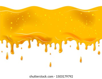 Honey Transparent orange liquid splash. Translucent beer flow with drops in light yellow colors. Stream of clear liquid vector. Juice spiral jets with droplets. Yummy sweet caramel sauce or hot syrup