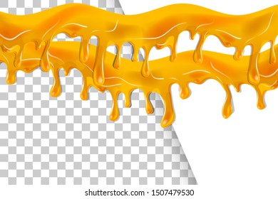 Honey Transparent orange liquid splash. Translucent beer flow with drops in light yellow colors. Stream of clear liquid vector. Juice spiral jets with droplets. Yummy sweet caramel sauce or hot syrup