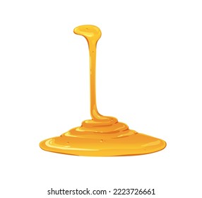 Honey trickle, thin stream pouring into yellow liquid syrup puddle. Maple, caramel sauce falling, flowing, running down in gold fluid. Flat graphic vector illustration isolated on white background.