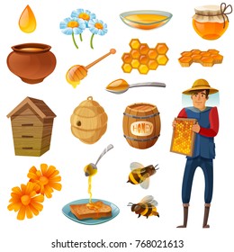 Honey in various containers cartoon set including beekeeper with honeycombs, bees, hives, droplet, flowers isolated vector illustration