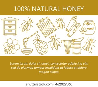 Honey vector card with thin line icons - sweet honey, natural honeycomb, beehive, wax, honeycomb, and other apiary equipment signs.