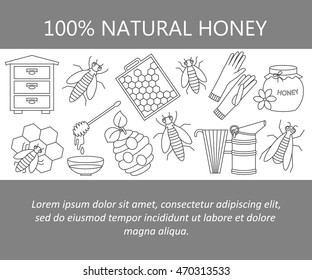 Honey vector card with thin line icons - sweet honey, natural honeycomb, beehive, wax, honeycomb, and other apiary equipment signs.