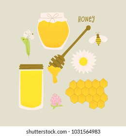 Honey vector design, honey in jars, honeycomb and bee