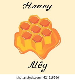 Honey. Vector drawing and hand-lettering. In English and Russian texts. Eco Friendly. For labels, flyers, online stores. Natural cosmetic. Bio products.