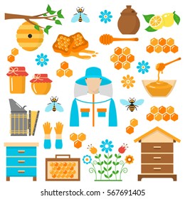  Honey vector flat  icons set  with beekeeping elements bee, beehive, beekeeper, honeycomb, smoker, nest, jar and dipper stick isolated on white background. 