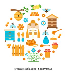Honey vector flat  icons set  with beekeeping elements bee, beekeeper, beehive, honeycomb, nest, jar and dipper stick isolated on white background. 