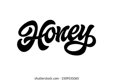Honey. Vector hand lettering word in black color isolated on white background. Concept for logo, card, typography, poster, print.