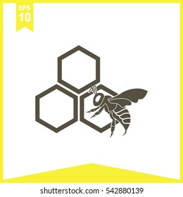 Honey vector icon. Bee on a part of honeycomb.