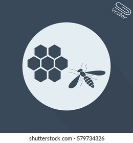 Honey vector icon. Bee on a part of honeycomb.