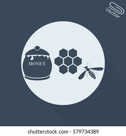 Honey vector icon. Bee on a part of honeycomb.
