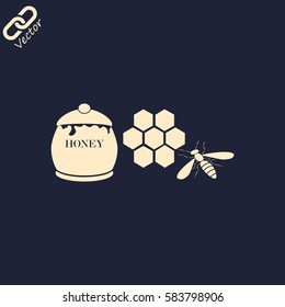 Honey vector icon. Bee on a part of honeycomb.