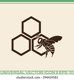 Honey vector icon. Bee on a part of honeycomb.