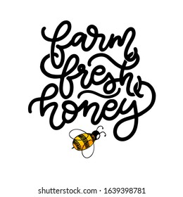 Honey vector lettering. Isolated object with cute bee drawing. 