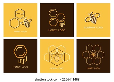 Honey vector line icons set. Company Logo. Bee Emblem Design. Linear Honeycomb Logotype template. Minimal simple organic product concept. Mobile applications