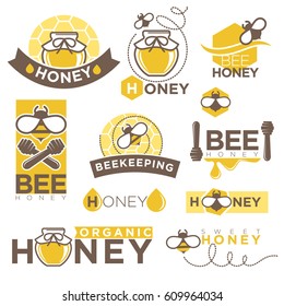Honey vector logos templates of bee honeycomb drops and jar or dipper spoon icons. Beekeeping product package yellow labels set or market shop signs