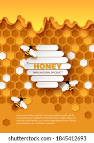 Honey vector poster template. Paper cut craft style honeycombs with flowing sweet organic honey and honeybees. Healthy natural product ad.