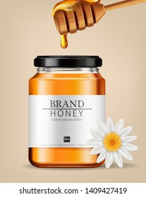Honey Vector realistic mock up. Product placement label design. Detailed 3d illustration