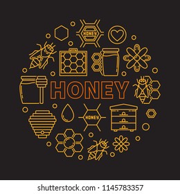 Honey vector round outline illustration. Word Honey and Beekeeping linear icons in cirlce shape