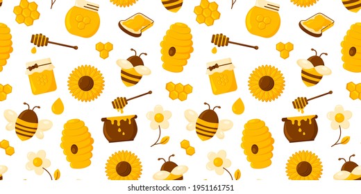 Honey vector seamless pattern. Honeycomb, bee, hive,  hexagon, jar, pot, syrup, toast and flowers isolated on white background. Nature illustration