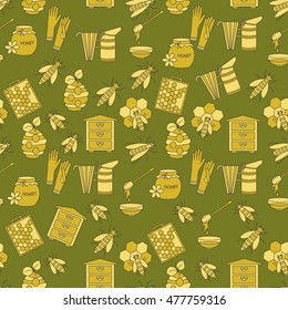 Honey vector seamless pattern with thin line symbols - sweet honey, natural honeycomb, beehive, wax, honeycomb, and other apiary equipment.