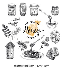 Honey vector set. Beekeeping illustrations in sketch style. Hand drawn design elements.