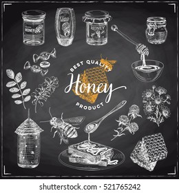 Honey vector set. Beekeeping illustrations in sketch style. Hand drawn design elements. Chalkboard