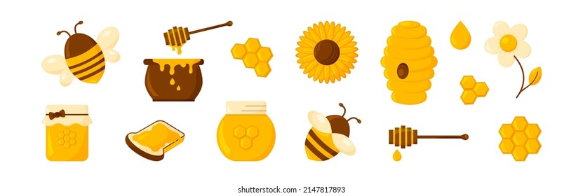 Honey vector set, cartoon bee, honeycomb, pot, hive, jar, flower, food. Sweet product set isolated on white background. Cute apiary illustration