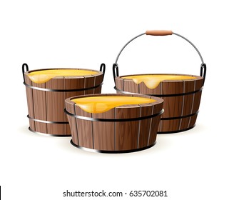 Honey. Vector wooden bucket on an isolated background.