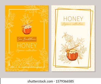 Honey vintage banners design. Engraved sea buckthorn honey flower with glass honey jar and drop. Hand drawn orange logo templates set. Sketch seaberry printable poster for branding or layout design