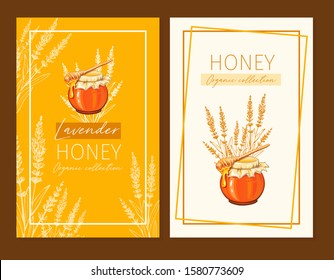Honey vintage banners design. Engraved Lavender honey flower with glass honey jar and drop. Hand drawn orange logo templates set. Sketch printable poster for branding or layout design
